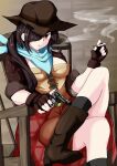  1girl absurdres bangs black_gloves black_hair blue_bandana boots brown_coat brown_eyes brown_headwear brown_shorts chair cigarette coat commentary_request cowboy_boots cowboy_hat cowboy_western crossed_legs fingerless_gloves foot_out_of_frame fugaku_(miko_no_miyatsuguchi) gloves gun hair_between_eyes hair_over_one_eye handgun hat highres holding holding_cigarette holding_gun holding_weapon kurokoma_saki long_hair looking_at_viewer open_mouth ponytail red_skirt revolver shorts sitting skirt smoking solo touhou weapon 