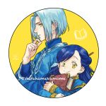  1boy 1girl :| asymmetrical_bangs bangs blue_hair blue_robe book book_hug border child chin_stroking circle closed_mouth crossed_arms dark_blue_hair expressionless eyebrows ferdinand_(honzuki_no_gekokujou) finger_to_own_chin from_side hair_behind_ear hair_ornament hair_stick half_updo hands_up high_collar holding holding_book honzuki_no_gekokujou layered_sleeves long_hair long_sleeves looking_at_viewer looking_to_the_side maine_(honzuki_no_gekokujou) object_hug parted_bangs profile robe round_image shirahama_kamome sideways_glance signature simple_background sleeve_cuffs smile split_mouth tareme transparent_border twitter_username upper_body wide_sleeves yellow_background yellow_eyes 