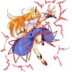  1girl abs absurdres ankle_cuffs bangs blonde_hair blue_skirt breasts clenched_hand commentary_request crop_top cuffs eyebrows_visible_through_hair fang fugaku_(miko_no_miyatsuguchi) full_body geta highres horns hoshiguma_yuugi large_breasts long_hair looking_at_viewer midriff navel open_mouth pointy_ears red_eyes shirt short_sleeves single_horn skirt solo touhou white_background white_shirt 