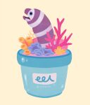  animal animal_focus artist_name blue_eyes coral eel flower_pot moray_eel no_humans open_mouth original pikaole simple_background striped watermark yellow_background 