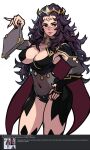  1girl black_hair book breasts cleavage fire_emblem hand_on_hip highres holding holding_book large_breasts lips looking_at_viewer messy_hair navel nyx_(fire_emblem) older red_eyes red_nails smile solo wahae 