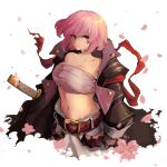  1girl absurdres alchemy_stars bandages bandeau bangs belt black_coat breasts brown_belt cherry_blossoms chest_sarashi coat commentary highres hiiro_(alchemy_stars) katana large_breasts long_sleeves looking_at_viewer midriff navel open_clothes open_coat pants petals pink_hair purple_eyes sarashi short_hair simple_background solo standing stomach strapless sword the_slayer_of_vishaps tube_top weapon white_background white_pants 