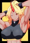  1girl abs absurdres alternate_skin_color armpits bangs black_background black_sports_bra blonde_hair breasts closed_mouth commentary_request cuffs eyebrows_visible_through_hair fugaku_(miko_no_miyatsuguchi) hands_in_hair highres horns hoshiguma_yuugi large_breasts long_hair looking_at_viewer muscular muscular_female one_eye_closed red_eyes red_horns single_horn smile solo sports_bra star_(symbol) tan touhou two-tone_background upper_body yellow_background 