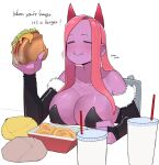  1girl breasts burger cleavage closed_eyes colored_skin demon_girl demon_horns demon_tail demon_wings eating facing_viewer food highres holding holding_food horns large_breasts long_hair ohasi original pink_(ohasi) pink_hair purple_skin solo tail wings 