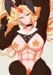  1girl abs absurdres alternate_costume animal_ears arm_up bangs black_choker black_jacket blonde_hair breasts choker commentary_request covered_nipples cowboy_shot eyebrows_visible_through_hair fugaku_(miko_no_miyatsuguchi) highres horns hoshiguma_yuugi jacket large_breasts long_hair looking_at_viewer meme_attire muscular muscular_female navel open_mouth pantyhose pasties pointy_ears rabbit_ears red_eyes red_horns reverse_bunnysuit reverse_outfit shrug_(clothing) simple_background single_horn solo star_(symbol) star_pasties touhou 
