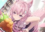  1girl animal_ear_fluff animal_ears antenna_hair arm_support bangs bare_arms bent_over blush bowsan braid braided_bun breasts closed_mouth collared_shirt commentary_request coyote_girl coyote_tail crown_braid double_bun dutch_angle food fruit hair_ornament hakui_koyori highres hololive indoors long_hair looking_at_food medium_breasts necktie pink_hair pink_necktie purple_eyes shirt solo sweatdrop tail tail_raised virtual_youtuber white_shirt 