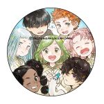  2boys 5girls :d ^_^ ^o^ agate_(tongari_boushi_no_atelier) aqua_eyes aqua_hair bangs black_hair blue_eyes blue_hair blunt_bangs bob_cut border brushbug child circle clenched_hands closed_eyes coco_(tongari_boushi_no_atelier) covered_eyes creature curly_hair dark-skinned_female dark_skin dot_nose eunie_(tongari_boushi_no_atelier) everyone expressionless eyebrows_behind_hair facing_viewer floating_hair from_side green_eyes green_hair grin hair_behind_ear hair_over_eyes hair_over_one_eye hands_up happy jujy_(tongari_boushi_no_atelier) light_blue_eyes light_blue_hair light_green_hair light_smile long_hair long_sleeves looking_to_the_side lower_teeth multi-tied_hair multiple_boys multiple_girls official_art one_eye_closed one_eye_covered open_mouth orange_hair parted_bangs parted_hair parted_lips pink_hair portrait purple_eyes reverse_trap riche_(tongari_boushi_no_atelier) round_image round_teeth shiny shiny_hair shirahama_kamome short_bangs short_hair signature smile straight-on straight_hair swept_bangs tareme tartah_(tongari_boushi_no_atelier) teeth tethia_(tongari_boushi_no_atelier) tongari_boushi_no_atelier tongue transparent_border twintails twitter_username two_side_up upper_body wavy_hair 