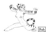  2022 anthro black_and_white breasts casual_nudity dreamworks felid female fighting_pose full-length_portrait genitals hi_res kung_fu_panda mammal master_tigress monochrome nipples nude pantherine portrait pose pussy sabrotiger sketch solo stripes tasteful_nudity tiger 