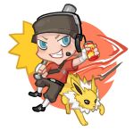  1boy backpack bag bandaged_hand bandages baseball_bat blonde_hair blue_eyes bonk!_atomic_punch can crossover dog_tags grin hand_wraps headset jolteon male_focus norue pokemon smile soda_can team_fortress_2 the_scout 