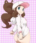  1girl ass baseball_cap blue_eyes bottomless brown_hair curly_hair hat high_ponytail highres hilda_(pokemon) hood hoodie long_hair looking_at_viewer looking_back microsd_(pibo) naked_hoodie pokemon pokemon_bw sidelocks smile solo 