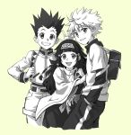  3boys arca_(summon_night) bag bookbag character_request child gon_freecss hand_in_pocket hunter_x_hunter killua_zoldyck looking_at_viewer lychi multiple_boys otoko_no_ko shorts siblings suspenders teeth waving yellow_background 