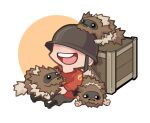  1boy :d animal_on_head biting_hat boots chibi covered_eyes crate crossover helmet male_focus norue on_head pokemon pokemon_(creature) smile team_fortress_2 the_soldier zigzagoon 