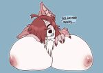  absurd_res anthro areola artist_name big_breasts blue_background blue_tongue breasts canid canine canis chest_tuft countershading dialogue digital_drawing_(artwork) digital_media_(artwork) english_text eyes_closed female flat_colors fur hair hair_over_eye hi_res huge_breasts inner_ear_fluff lips long_hair mammal nipples nude one_eye_obstructed onigiriad open_mouth pink_body pink_fur pink_nipples prick_ears shoulder_tuft simple_background smile solo text tongue tuft wolf 