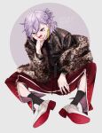  1boy androgynous blood blood_on_face blue_eyes con_potata ear_piercing epel_felmier full_body highres nail_polish pale_skin piercing purple_hair short_ponytail solo twisted_wonderland 