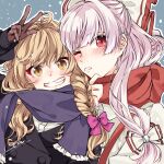  2girls ahoge arm_up bangs black_coat blonde_hair blue_scarf blush bow braid buttons cheek-to-cheek coat collared_shirt commentary_request eyebrows_visible_through_hair eyelashes frilled_scarf fujiwara_no_mokou grin hair_bow hair_ribbon heads_together kirisame_marisa long_hair long_sleeves looking_at_viewer multiple_girls no_hat no_headwear one_eye_closed purple_ribbon red_eyes red_scarf ribbon scarf shirt sidelocks signature single_braid smile snow snowing souta_(karasu_no_ouchi) standing suspenders teeth touhou tress_ribbon two-tone_bow v white_hair white_shirt wing_collar yellow_eyes 