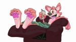  2017 4_toes anthro barefoot beverage canid canine canis chair chest_tuft claws dingo feet foot_focus furniture hi_res holding_beverage holding_object male mammal multicolored_body one_eye_half-closed open_mouth open_smile orange_body pawpads paws pink_pawpads recliner shirtless simple_background sitting smile soles solo toe_claws toes tongue tongue_out toony tuft two_tone_body vexyvoo wrinkled_soles 