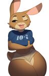  2022 absurd_res anthro blue_eyes bottomwear breasts brown_body brown_fur clothing female fur hand_on_breast hi_res lagomorph leporid mammal navel nipple_outline one_eye_closed pink_nose rabbit scut_tail shirt short_tail simple_background solo svarzye tongue tongue_out topwear trisha_rose_(bluelighthouse) white_background 