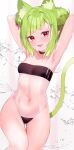  1girl :d absurdres animal_ears armpits arms_behind_head arms_up bare_shoulders black_choker breasts cat_ears cat_girl cat_tail choker covered_navel cowboy_shot delruki delutaya double_bun extra_ears fang green_hair gris_swimsuit hair_ornament hairclip highleg highleg_swimsuit highres hoshi_usagi long_hair looking_at_viewer meme_attire one-piece_swimsuit pointy_ears red_eyes see-through small_breasts smile solo swimsuit tail thighs virtual_youtuber 
