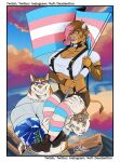  2022 anthro bangs big_breasts big_muscles border bottomwear bovid bovine breasts canid canine canis carrying cattle choker cleavage clothed clothing cloud crop_top day deadanthro domestic_dog duo eyebrows eyelashes eyewear facial_piercing female fishnet fishnet_armwear flag footwear fur glasses hair hi_res holding_flag holding_object horn jewelry legwear lgbt_pride lip_piercing lips lipstick looking_at_viewer makeup male mammal mountain muscular muscular_anthro muscular_female muscular_male navel necklace on_shoulder outside piercing pride_color_clothing pride_color_footwear pride_color_jewelry pride_color_legwear pride_color_socks pride_colors shirt shoes shorts signature sitting smile socks standing suspenders tattoo teeth text thigh_highs thigh_socks thong topwear transgender_pride_colors tuft underwear url white_border 