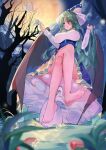  1girl arm_up bad_feet bangs bare_legs barefoot bat_wings blue_headwear blush breasts cloud cloudy_sky crossed_legs cup demon_wings floating floating_object full_body full_moon grass hand_in_hair hat highres holding holding_cup knees kuroko_tori large_breasts long_hair long_sleeves looking_at_viewer mima_(touhou) moon mushroom night night_sky open_mouth outdoors ribbon sidelocks sitting sky solo teacup teapot touhou touhou_(pc-98) tree wings witch_hat 