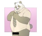  2022 anthro balls black_body censored clothing dressing eyes_closed genitals giant_panda humanoid_hands inunoshippo kemono male mammal necktie overweight overweight_male penis shirt simple_background solo topwear ursid white_body 