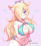  1girl animal_ear_fluff animal_ears artist_name bare_shoulders bikini blonde_hair breast_hold breast_squeeze breasts cleavage cowboy_shot crown english_commentary extra_ears hair_over_one_eye heart large_breasts long_hair looking_at_viewer mario_(series) nintendo pink_background rosalina shiny shiny_hair shiny_skin simple_background solo sugarbell swimsuit 