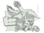  2019 3_toes anthro arm_tuft big_feet butt casual_nudity claws clothed clothing doritos erection feet feet_up food foot_focus foreskin frito-lay furniture genitals huge_feet kangaroo lying macropod male mammal marsupial monochrome partially_clothed pawpads penis shirt sofa soles solo tail_tuft toe_claws toes toony topwear tuft tv_remote vein veiny_penis vexyvoo 