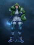  1girl absurdres alternate_costume apex_legends artist_name bangs blonde_hair blue_background blue_eyes blue_footwear blue_gloves blush bodysuit breasts gloves green_jacket grey_bodysuit highres holding holding_stuffed_toy jacket knee_pads looking_to_the_side medium_breasts nessie_(respawn) realistic shoes smile sneakers solo stuffed_toy treeink wattson_(apex_legends) 