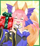  1girl :3 :d animal_ear_fluff animal_ears bangs blue_bow blue_kimono blush border bow box breasts christmas christmas_tree_print closed_eyes collar commentary_request dated detached_sleeves extra eyebrows_visible_through_hair eyelashes fate/extra fate/grand_order fate_(series) fox_ears fox_girl fox_tail gift gift_box green_border green_ribbon hair_between_eyes hair_bow happy holding holding_gift japanese_clothes kimono long_hair long_sleeves obi open_mouth pink_hair ribbon sash sidelocks signature smile snowflake_print solo split_ponytail standing tail tamamo_(fate) tamamo_no_mae_(fate/extra) tongue upper_body white_collar wide_sleeves winsankemonodou yellow_background 