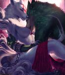  2022 amaterasu anthro anthro_on_anthro breasts canid canine capcom deity female fur green_body green_fur licking link_(wolf_form) male male/female mammal momobeda nintendo the_legend_of_zelda tongue tongue_out triforce video_games white_body white_fur ōkami 