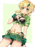  1girl akatsuki_kirika bikini bikini_under_clothes black_bikini blonde_hair blush breasts cleavage green_eyes hair_ornament highres looking_at_viewer medium_breasts midriff navel necktie senki_zesshou_symphogear shiny shiny_hair shiny_skin short_hair side-tie_bikini skirt solo standing swimsuit x_hair_ornament yuuheisyoujyo 