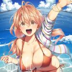  1girl arm_up bangs bikini breasts cleavage cloud comiket_94 day eyebrows_visible_through_hair hair_between_eyes hand_up herio horizon jacket large_breasts light_brown_eyes long_hair ocean open_mouth orange_hair original outdoors sample side-tie_bikini solo standing swimsuit tied_hair toranoana water waves waving waving_arm 