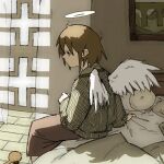  1girl angel_wings bangs bed bed_sheet brown_hair brown_skirt curtains feathered_wings haibane_renmei halo highres looking_to_the_side on_bed pantsu-ripper pillow rakka_(haibane) sheet_grab shirt short_hair sitting sitting_on_bed skirt solo static_cling striped striped_shirt window wings 