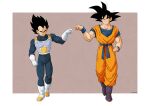  2boys armor black_eyes black_hair boots clenched_hands commentary dougi dragon_ball dragon_ball_z fist_bump gloves grey_background jamie_loughran male_focus multiple_boys muscular muscular_male redrawn smile son_goku spiked_hair vegeta walking white_gloves wristband 
