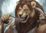  2022 5_fingers anthro brown_hair digital_media_(artwork) duo felid fingers hair lion male mammal nude open_mouth pantherine smile teeth tongue wolnir 
