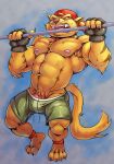  absurd_res anthro bottomwear chance_furlong clothing domestic_cat felid feline felis fingerless_gloves genitals gloves handwear hanna-barbera hat headgear headwear hi_res male mammal nipples penis penis_base pull_ups rho_art shorts solo swat_kats 