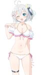  .live 1girl ahoge alternate_costume blue_eyes breasts cleavage collarbone dennou_shoujo_youtuber_siro grey_hair hair_ornament highres jewelry medium_breasts navel necklace one_eye_closed silver_hair simple_background sincos siro_(dennou_shoujo_youtuber_siro) swimsuit virtual_youtuber white_background 