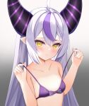  1girl akinokazuya bangs bare_arms bare_shoulders bikini blush bow bow_bikini braid braided_bangs breasts closed_mouth collarbone commentary_request demon_horns eyebrows_visible_through_hair gradient gradient_background grey_background hair_between_eyes hands_up highres hololive horns la+_darknesss long_hair multicolored_hair pointy_ears purple_bikini purple_bow purple_hair silver_hair slit_pupils small_breasts solo streaked_hair swimsuit upper_body very_long_hair virtual_youtuber wavy_mouth white_background yellow_eyes 