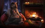  2022 4_toes 5_fingers anthro areola black_body black_fur breasts brown_hair canid canine clothed clothing detailed_background digital_media_(artwork) feet female fingers fur hair inside mammal night nipples toes wolnir 