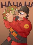  1boy :d bread_monster covered_eyes explosive grenade grin helmet highres jacket laughing male_focus monster norue red_jacket shoulder_sash smile team_fortress_2 the_soldier 