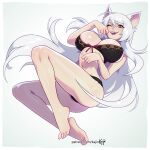  1girl animal_ears black_bra black_hanekawa black_panties bra breasts cat_ears hair_between_eyes hanekawa_tsubasa kajin_(kajinman) large_breasts long_hair monogatari_(series) navel one_eye_closed open_mouth panties slit_pupils solo underwear underwear_only very_long_hair white_background yellow_eyes 