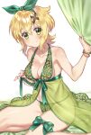  1girl akatsuki_kirika blonde_hair blush breasts camisole cleavage green_eyes green_panties hair_ornament highres lace_trim lingerie looking_at_viewer medium_breasts navel panties see-through senki_zesshou_symphogear shiny shiny_hair shiny_skin short_hair skindentation smile solo underwear x_hair_ornament yuuheisyoujyo 