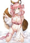  1girl animal_ears bangs blush bra breasts cleavage eyebrows_visible_through_hair fate/extra fate/grand_order fate_(series) fox_ears fox_girl fox_shadow_puppet fox_tail hair_ornament hand_up highres kneeling large_breasts long_hair long_sleeves looking_at_viewer navel panties parted_lips pink_bra pink_hair pink_panties shirt solo tail tamamo_(fate) tamamo_no_mae_(fate/extra) thighs underwear white_shirt yukineko1018 