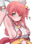  1girl ? ahoge arm_up armpits assisted_exposure bare_shoulders bell blush breasts detached_sleeves green_eyes hair_bell hair_ornament highres hololive kagami_moch long_hair looking_at_another pink_hair sakura_miko sideboob virtual_youtuber white_background 
