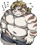  2022 anthro belly blush clothing felid flaccid genitals hi_res kemono licho_(tas) lifewonders male mammal moobs navel nipples overweight overweight_male pantherine penis ptcmtr simple_background solo tiger tokyo_afterschool_summoners undressing video_games white_background white_body 