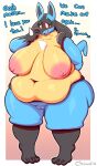 3_toes areola belly big_belly blush breasts chowdie dialogue english_text feet female hi_res lucario nintendo nipples obese obese_female open_mouth overweight overweight_female pok&eacute;mon pok&eacute;mon_(species) red_eyes smile solo text thick_thighs toes tongue video_games wide_hips 
