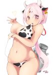 1girl animal_ears animal_print bangs bikini blush breasts breasts_outside cow cow_ears cow_girl cow_horns cow_print cow_tail deto ear_tag eyebrows_visible_through_hair hair_ornament hair_ribbon hairclip highres horns large_breasts long_hair looking_at_viewer low_ponytail milk_churn mouth_hold nijisanji nipple_pull nipples pink_eyes pink_hair ponytail print_bikini red_eyes ribbon shiina_yuika signature simple_background solo swimsuit tail twitter_username virtual_youtuber white_background 