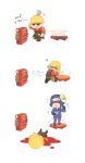  2boys balaclava blood chibi cigarette dispenser_(team_fortress) formal gameplay_mechanics hardhat helmet highres knee_pads mask mask_on_head multiple_boys necktie norue overalls pool_of_blood suit surprised team_fortress_2 teleporter the_engineer the_spy wrench 