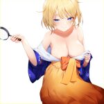  1girl absurdres bangs bingsardina blonde_hair blue_eyes blue_kimono blush breasts cleavage commentary english_commentary eyebrows_visible_through_hair hakama hakama_skirt highres holding holding_magnifying_glass hololive hololive_english japanese_clothes kimono large_breasts looking_at_viewer magnifying_glass orange_hakama parted_lips short_hair simple_background skirt smile solo virtual_youtuber watson_amelia white_background wide_sleeves 