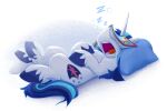  bcpony blue_hair bubble cutie_mark friendship_is_magic hair hi_res hooves lying male my_little_pony on_back pillow shining_armor_(mlp) sleeping sound_effects zzz 